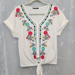Short Sleeve White Blouse with Colorful Floral Embroidery & Front Knot